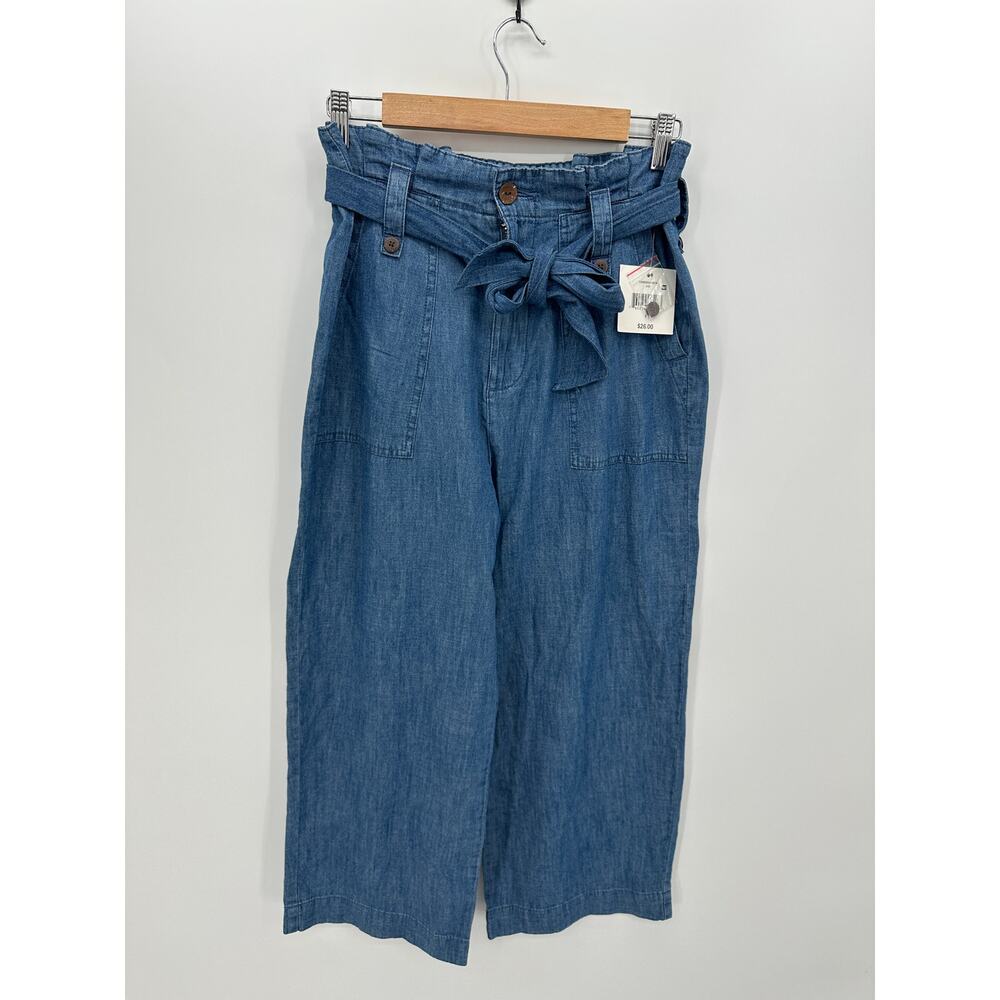 Falls Creek Womens Chambray Crop Pants Size 8‎ NWT Cotton Belted Paperbag